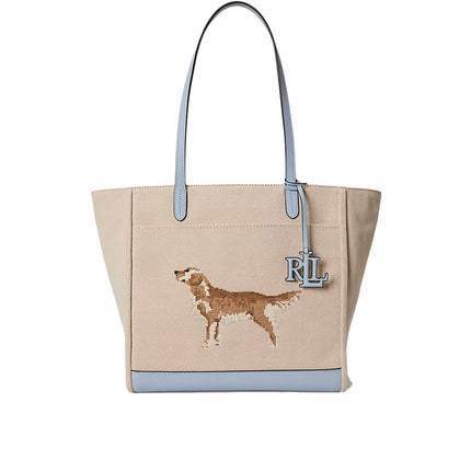Polo Ralph Lauren Women's Dog-Embroidered Large Cameryn Tote Bag Natural/Canvas/Alpine Blue