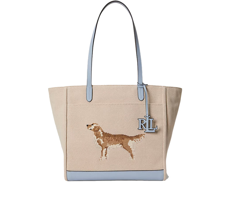 Polo Ralph Lauren Women's Dog-Embroidered Large Cameryn Tote Bag Natural/Canvas/Alpine Blue