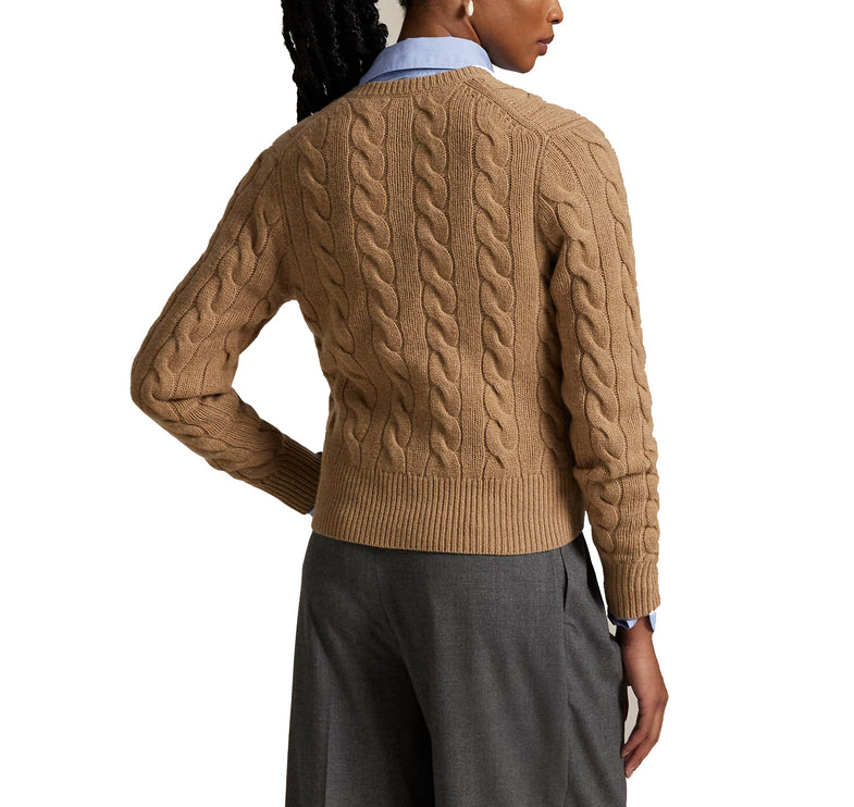 Polo Ralph Lauren Women's Cable-Knit Wool-Cashmere Cardigan Authentic Collection Camel Melange