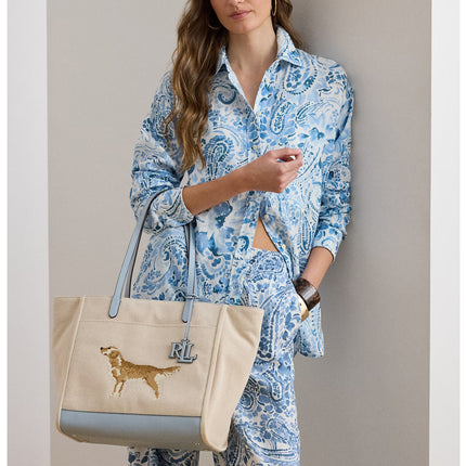 Polo Ralph Lauren Women's Dog-Embroidered Large Cameryn Tote Bag Natural/Canvas/Alpine Blue