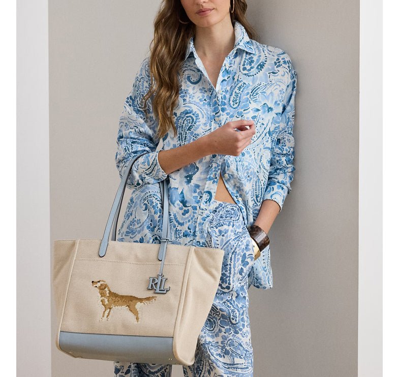 Polo Ralph Lauren Women's Dog-Embroidered Large Cameryn Tote Bag Natural/Canvas/Alpine Blue
