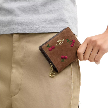 Coach Women's Snap Wallet With Cherry Embroidery Suede/Gold/Cedar Multi