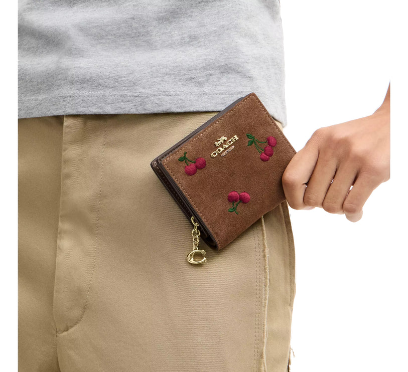 Coach Women's Snap Wallet With Cherry Embroidery Suede/Gold/Cedar Multi