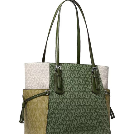 Michael Kors Women's Voyager Large Color-Block Signature Logo Tote Bag Amazon Green