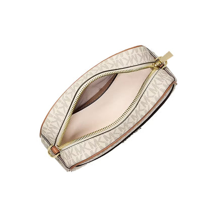 Michael Kors Women's Jet Set Small Signature Logo Camera Crossbody Bag Vanilla/Acorn