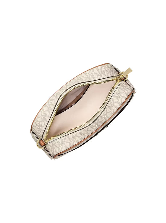 Michael Kors Women's Jet Set Small Signature Logo Camera Crossbody Bag Vanilla/Acorn