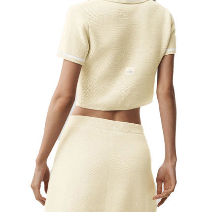 alo Women's Tennis Club Sweater Knit Cropped Polo Oatmeal/White