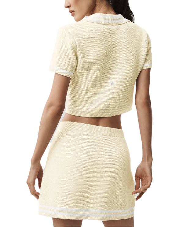 alo Women's Tennis Club Sweater Knit Cropped Polo Oatmeal/White