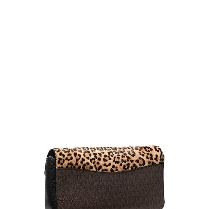 Michael Kors Women's Kacey Medium Signature Logo and Leopard Print Calf Hair Shoulder Bag Camel Multi/Gold