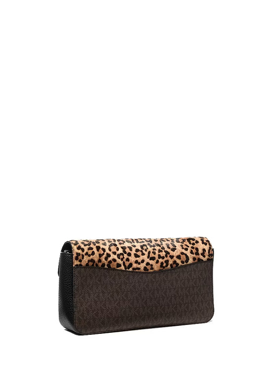 Michael Kors Women's Kacey Medium Signature Logo and Leopard Print Calf Hair Shoulder Bag Camel Multi/Gold