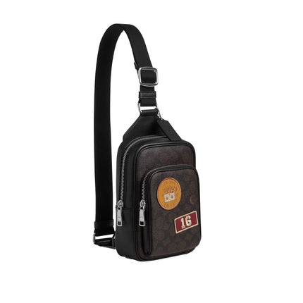 Coach Unisex Racer Sling Pack In Signature Canvas With Patches Silver/Walnut/Black