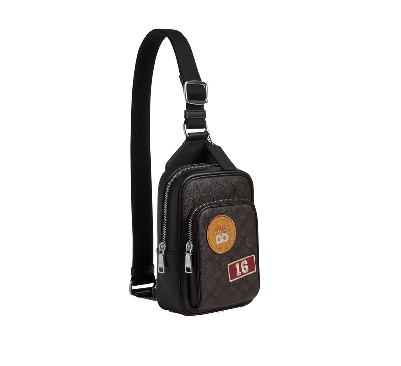 Coach Unisex Racer Sling Pack In Signature Canvas With Patches Silver/Walnut/Black