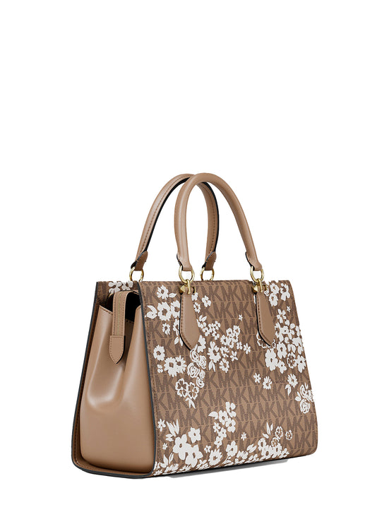 Michael Kors Women's Marilyn Medium Printed Signature Logo Satchel Bag Camel/Gold