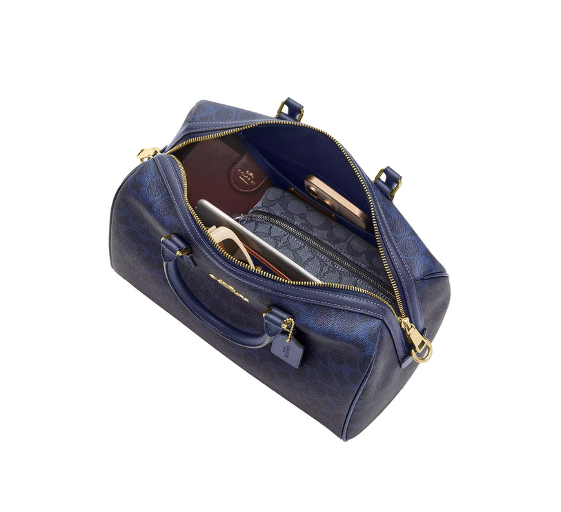 Coach Women's Rowan Large Satchel Bag In Signature Canvas Gold/Navy
