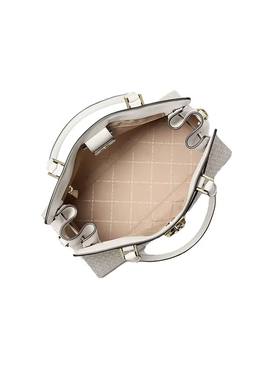 Michael Kors Women's Landon Medium Logo Satchel Bag Light Cream Multi/Gold