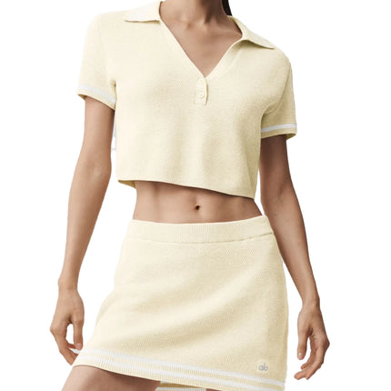 alo Women's Tennis Club Sweater Knit Cropped Polo Oatmeal/White