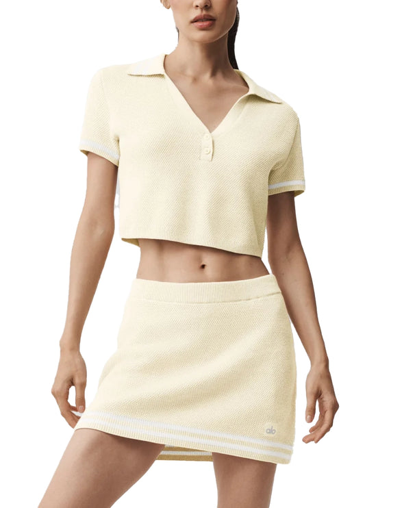 alo Women's Tennis Club Sweater Knit Cropped Polo Oatmeal/White