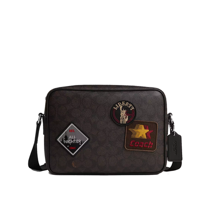 Coach Unisex Colton Crossbody Bag 25 In Signature Canvas With Patches Silver/Walnut/Black