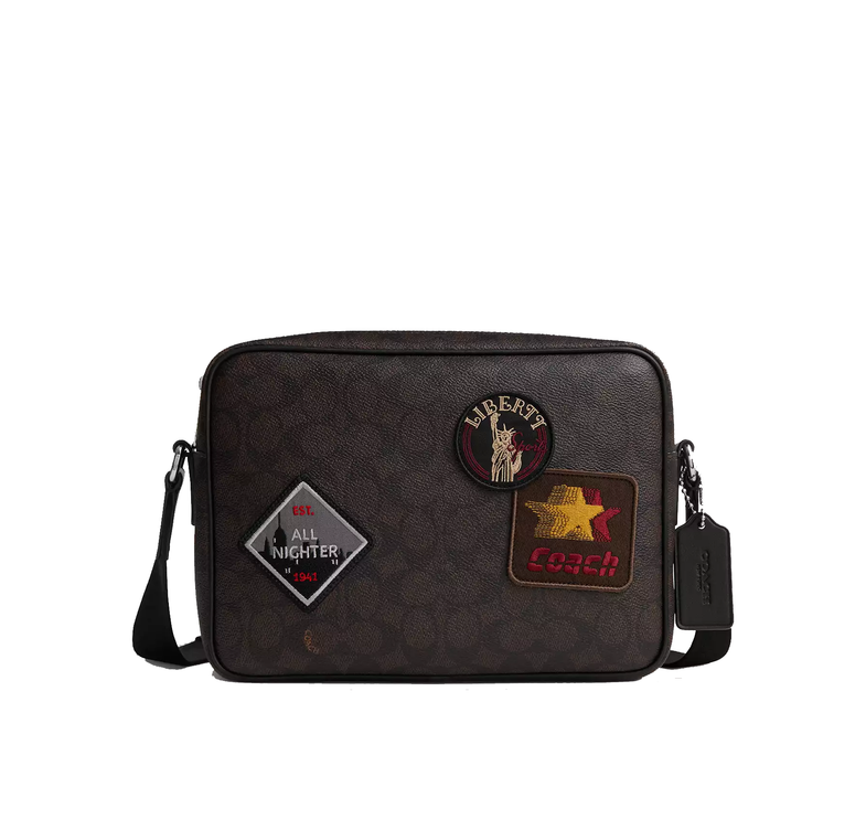 Coach Unisex Colton Crossbody Bag 25 In Signature Canvas With Patches Silver/Walnut/Black