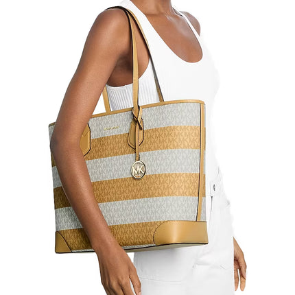 Michael Kors Women's Eva Large Striped Signature Logo Tote Bag Honeywheat/Gold