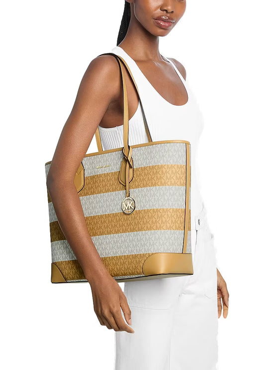 Michael Kors Women's Eva Large Striped Signature Logo Tote Bag Honeywheat/Gold