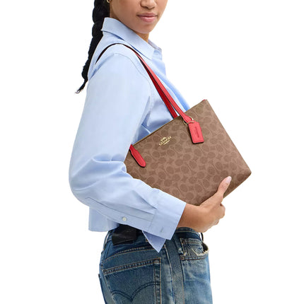 Coach Women's Fiona Zip Tote Bag In Signature Canvas Gold/Tan/Carnation