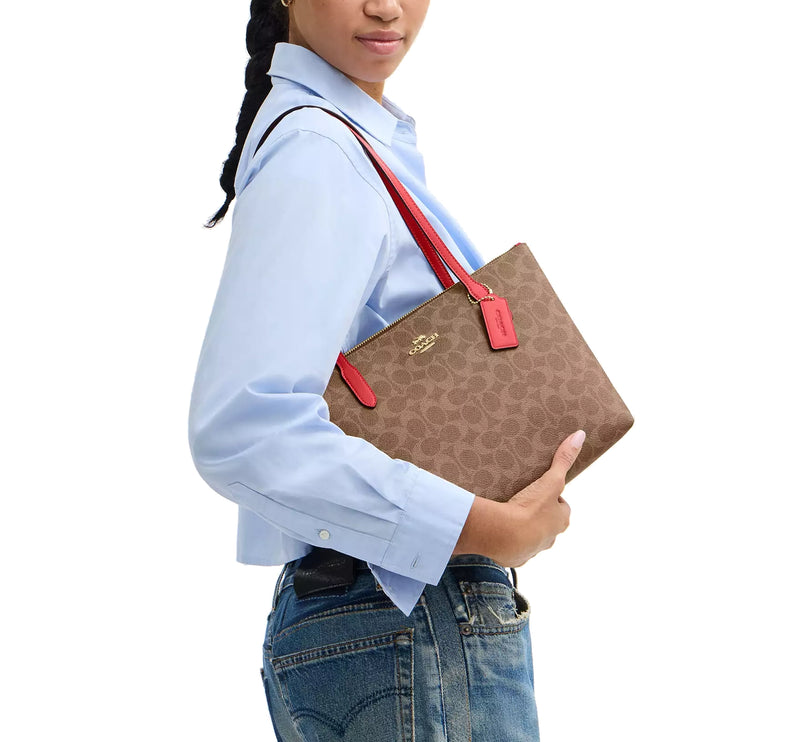 Coach Women's Fiona Zip Tote Bag In Signature Canvas Gold/Tan/Carnation