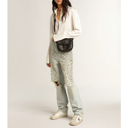 Golden Goose Women's Hi Star with Silver Glitter Star and Dove Gray Nubuck Heel Tab