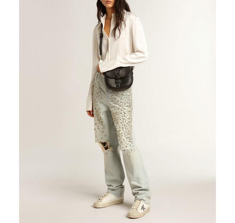Golden Goose Women's Hi Star with Silver Glitter Star and Dove Gray Nubuck Heel Tab