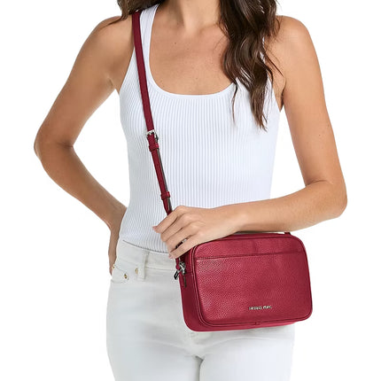 Michael Kors Women's Jet Set Large Pebbled Leather Camera Crossbody Bag Maroon/Silver