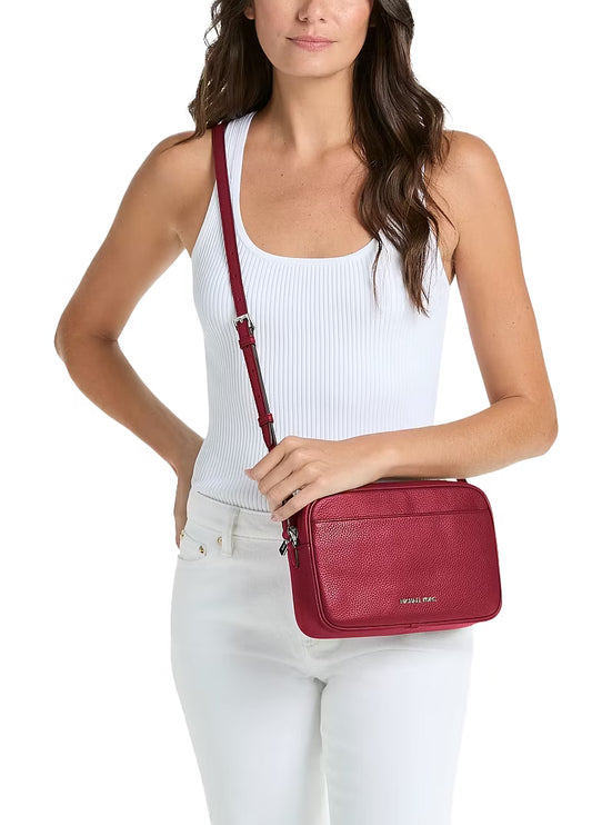 Michael Kors Women's Jet Set Large Pebbled Leather Camera Crossbody Bag Maroon/Silver