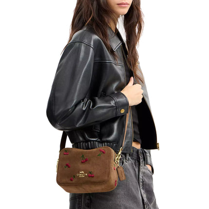 Coach Women's Mini Carey Crossbody Bag With Cherry Embroidery Suede/Gold/Cedar Multi