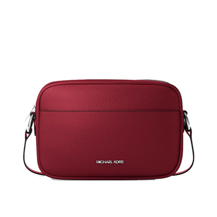 Michael Kors Women's Jet Set Large Pebbled Leather Camera Crossbody Bag Maroon/Silver