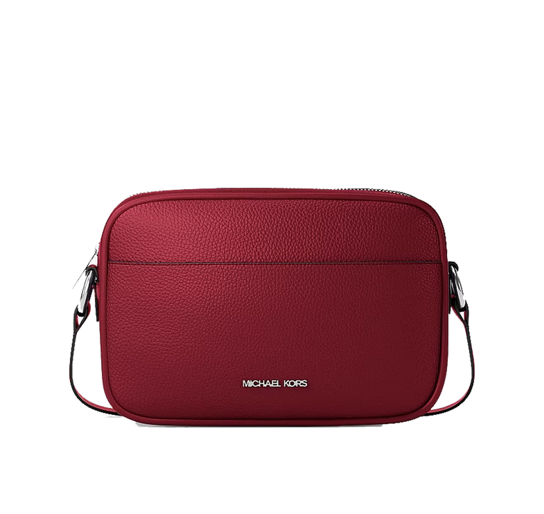 Michael Kors Women's Jet Set Large Pebbled Leather Camera Crossbody Bag Maroon/Silver
