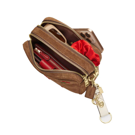 Coach Women's Mini Carey Crossbody Bag With Cherry Embroidery Suede/Gold/Cedar Multi