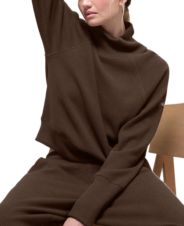 alo Women's Waffle Weekend Escape Mock Neck Long Sleeve Espresso