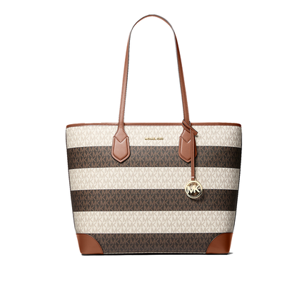 Michael Kors Women's Eva Large Striped Signature Logo Tote Bag Vanilla/Luggage/Gold