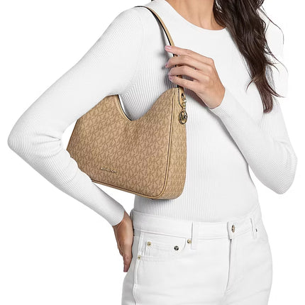 Michael Kors Women's Nayla Small Signature Logo Hobo Shoulder Bag Camel/Gold