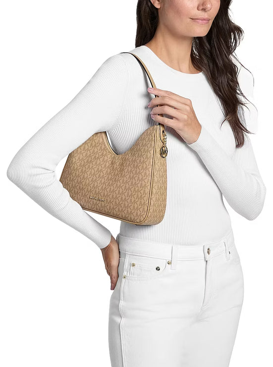 Michael Kors Women's Nayla Small Signature Logo Hobo Shoulder Bag Camel/Gold