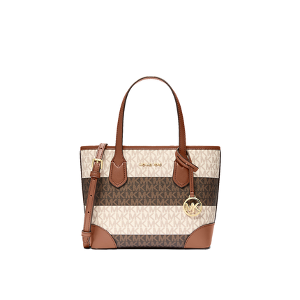 Michael Kors Women's Eva Extra-Small Striped Signature Logo Convertible Tote Bag Vanilla/Luggage/Gold