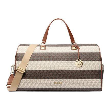 Michael Kors Women's Grayson Extra-Large Striped Signature Logo Weekender Bag Vanilla/Luggage/Gold