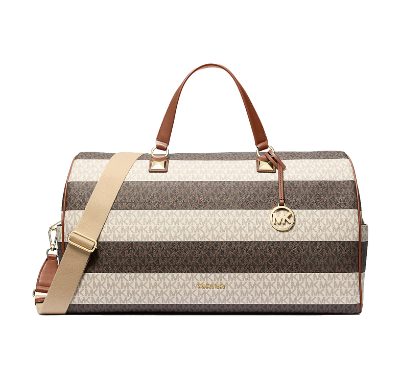Michael Kors Women's Grayson Extra-Large Striped Signature Logo Weekender Bag Vanilla/Luggage/Gold