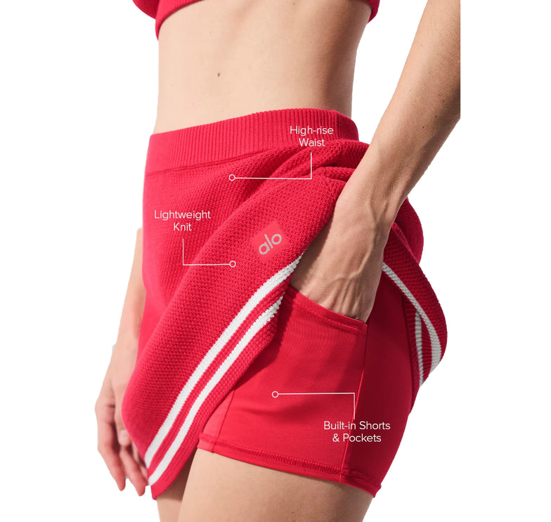 alo Women's Tennis Club Sweater Knit Skirt Candy Red/White
