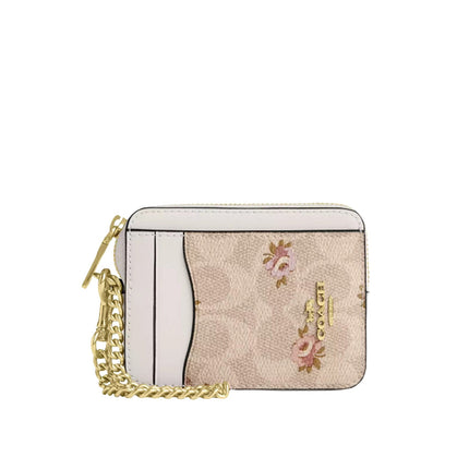 Coach Women's Zip Card Case In Signature Canvas With Floral Print Gold/Sand Multi