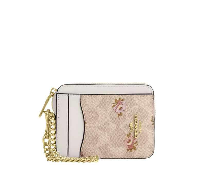 Coach Women's Zip Card Case In Signature Canvas With Floral Print Gold/Sand Multi