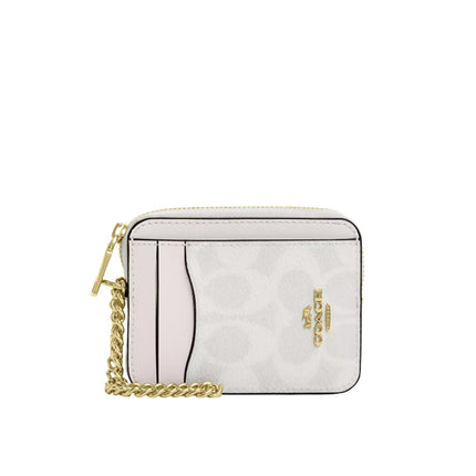 Coach Women's Zip Card Case In Signature Canvas Gold/White/Chalk