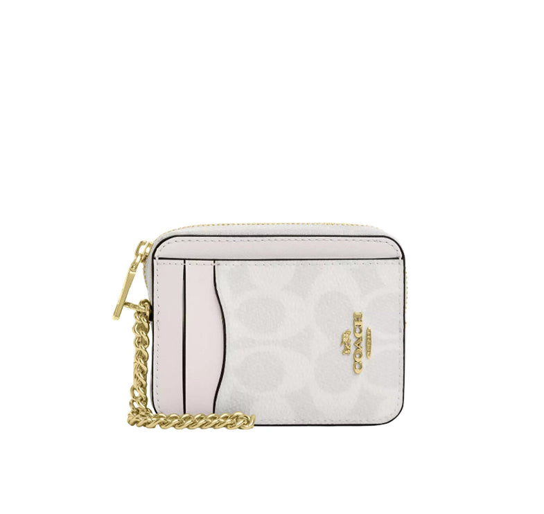 Coach Women's Zip Card Case In Signature Canvas Gold/White/Chalk