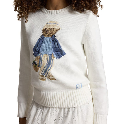 Polo Ralph Lauren Girl's Polo Bear Cotton Sweater Deckwash White