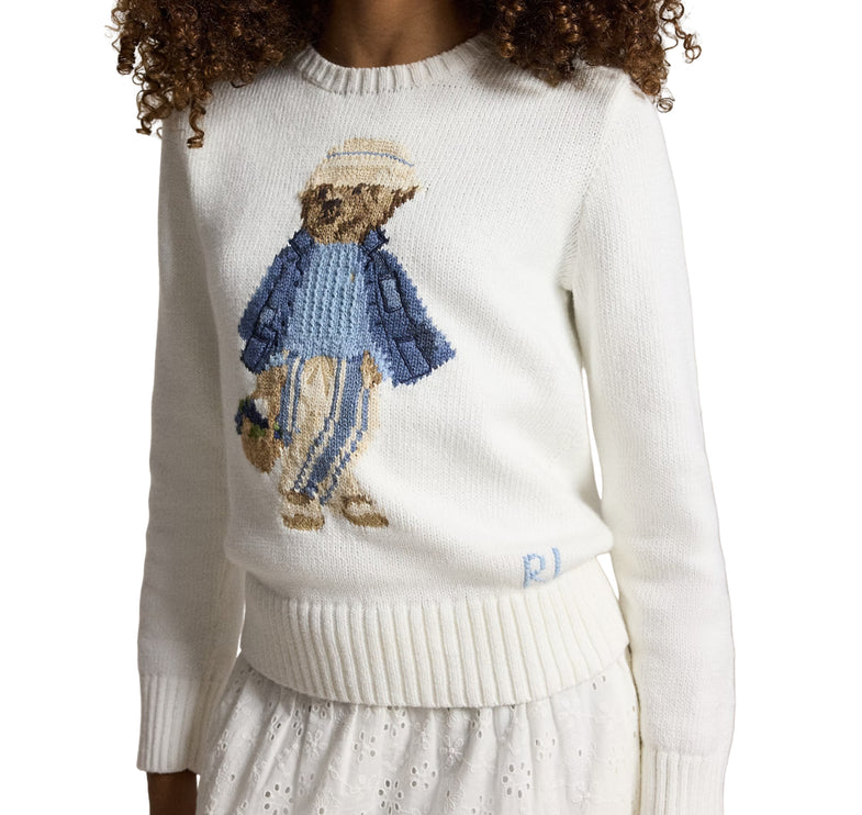Polo Ralph Lauren Girl's Polo Bear Cotton Sweater Deckwash White