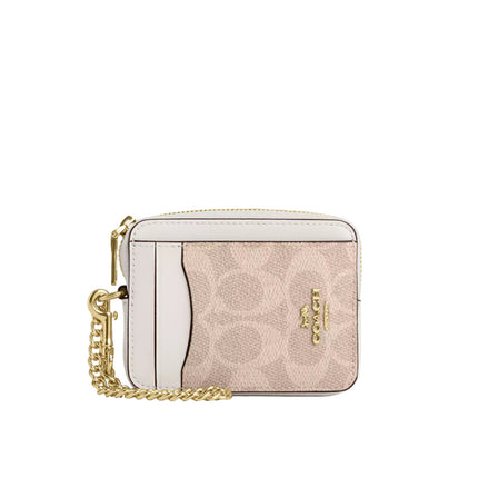 Coach Women's Zip Card Case In Signature Canvas Gold/Sand/Chalk